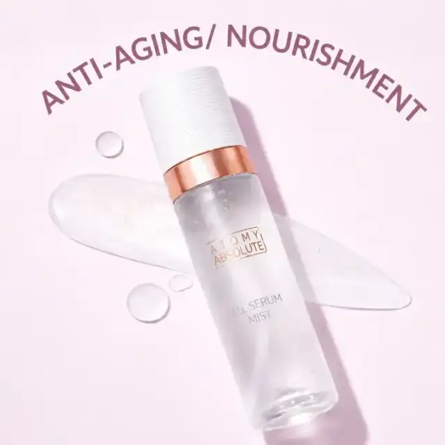 Atomy Absolute Oil Serum Mist sobre fondo rosa